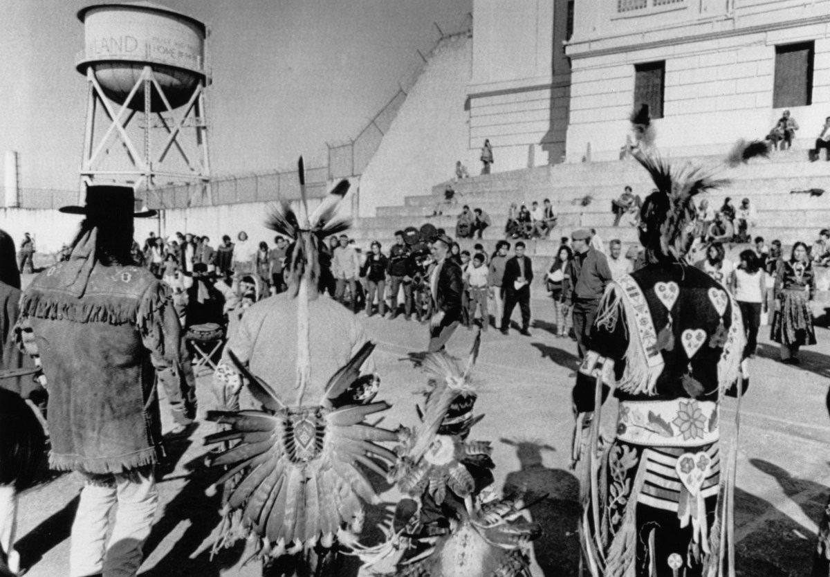 Indigenous organizers gathered during the Occupation of Alcatraz in 1970