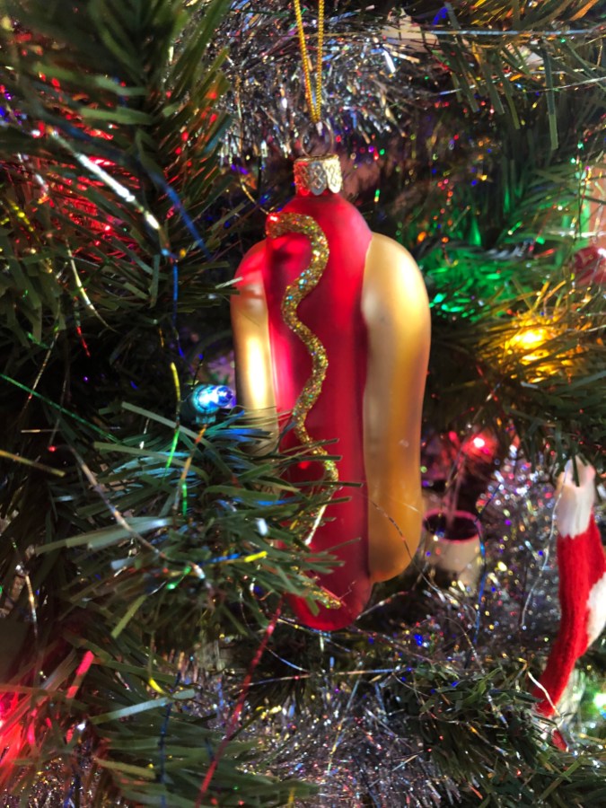 a shiny hot dog ornament