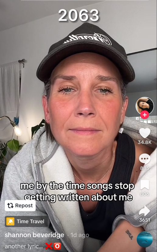 Shannon using an aging filter with the caption "me by the time songs stop getting written about me"