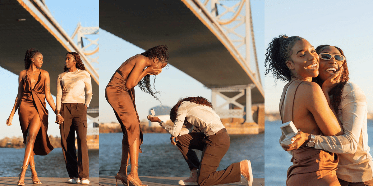 Kahleah Copper is engaged: Three photos of Kahleah Copper and her fiancée Binta Daisy Drammeh, they are in bronze colors and smiling in love