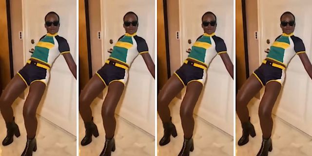 Lupita Nyong'o Lipstick Lover: four identical screenshots from Lupita Nyong'o's instagram of her leaning against a door while dancing in tight short shorts, a tight top, and sunglasses.