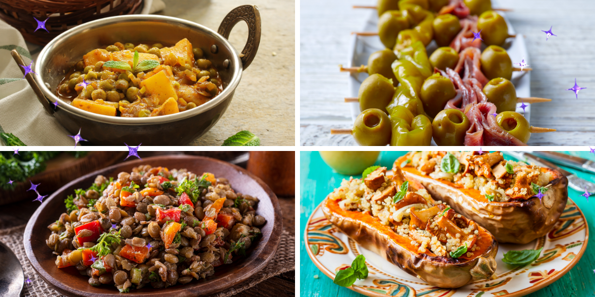 collage of aloo matar, lines of gildas, a bowl of braised lentils, and stuffed acorn squash