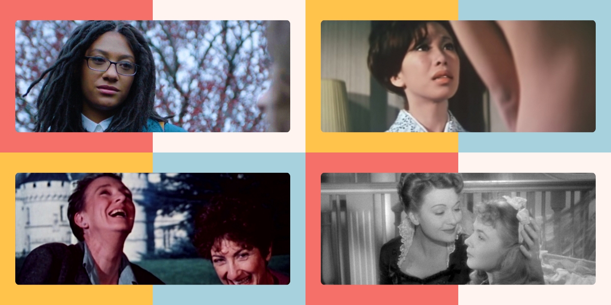 A collage of four images surrounded by the lesbian flag colors. Stills from Tahara, Manji, MURDER and murder, and Olivia.