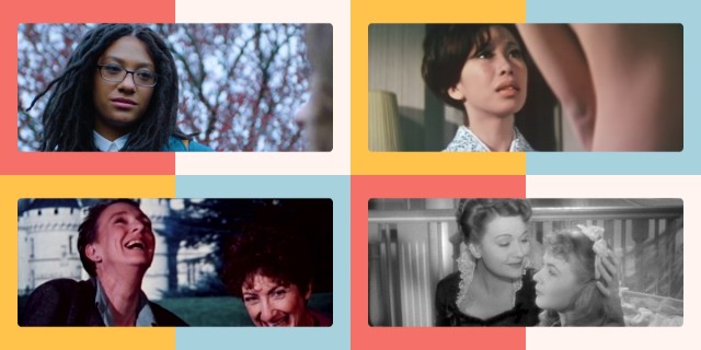 A collage of four images surrounded by the lesbian flag colors. Stills from Tahara, Manji, MURDER and murder, and Olivia.