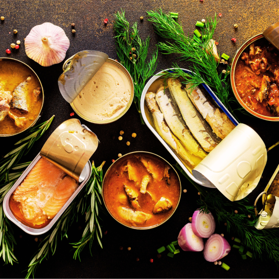 a spread of various kinds of tinned fish