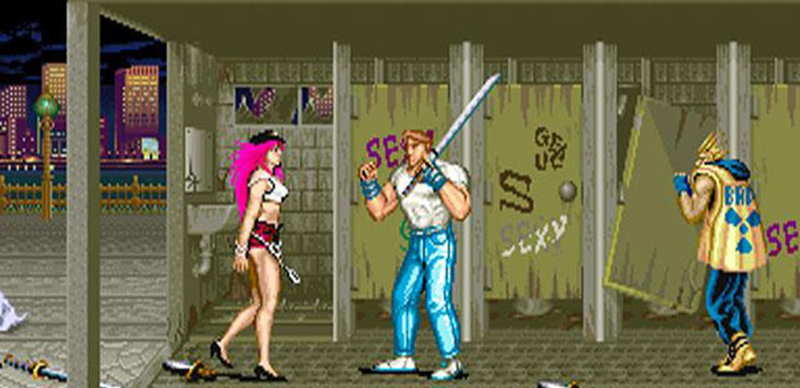 A woman with pink hair and short shorts walks up to a man in tight blue jeans holding a sword
