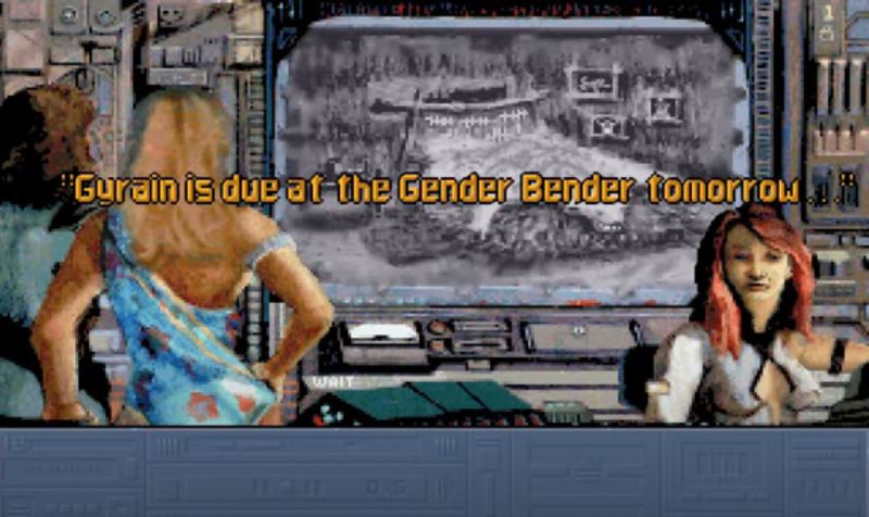 Trans video game characters: A woman sits in a control booth as two others look on. "Gyrain is due at the Gender Bender tomorrow."