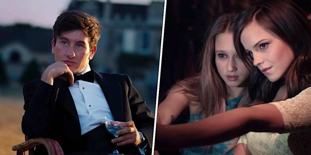 Side by side images of Saltburn and The Bling Ring. Barry Keoghan rests his chin on one hand and holds a martini in the other wearing a tux. Emma Watson and Taissa Farmiga take a selfie together arms outstretched.