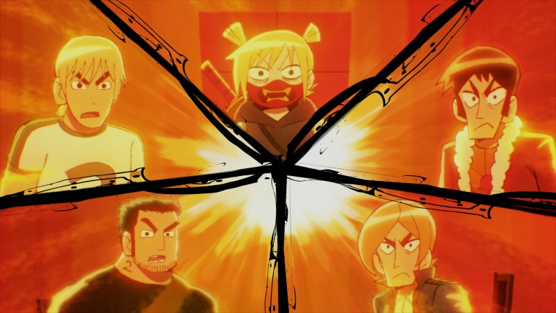 Splitscreen of Todd Ingram, Lucas Lee, Roxie Richter, Kyle Katayanagi and Ken Katayanagi in Scott Pilgrim Takes Off