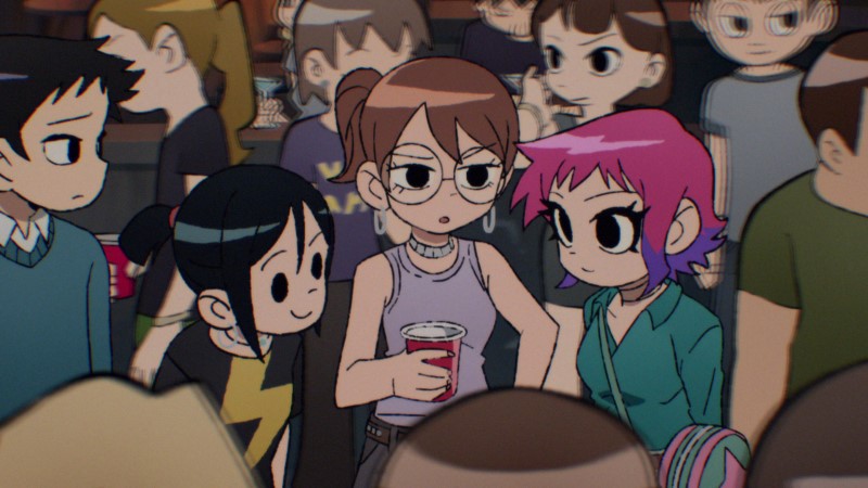 Ellen Wong as Knives Chau, Aubrey Plaza as Julie Powers and Mary Elizabeth Winstead as Ramona Flowers in Scott Pilgrim Takes Off