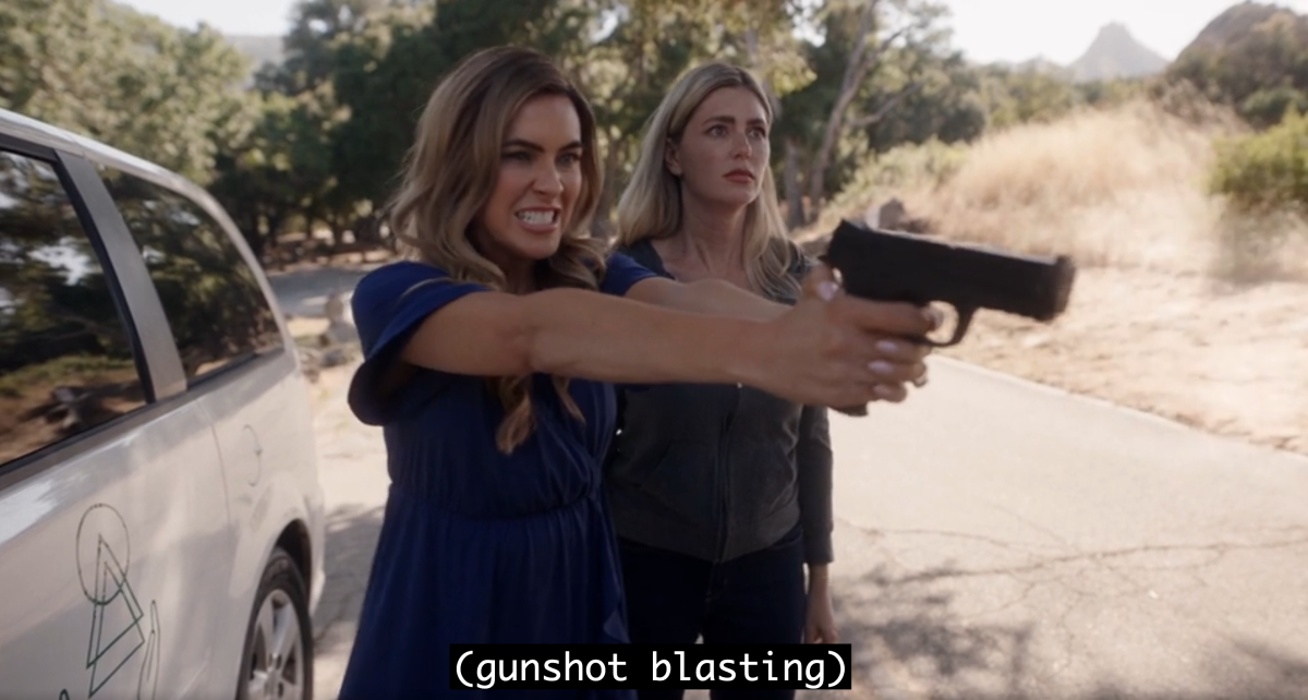 Chrishell Stause firing a gun