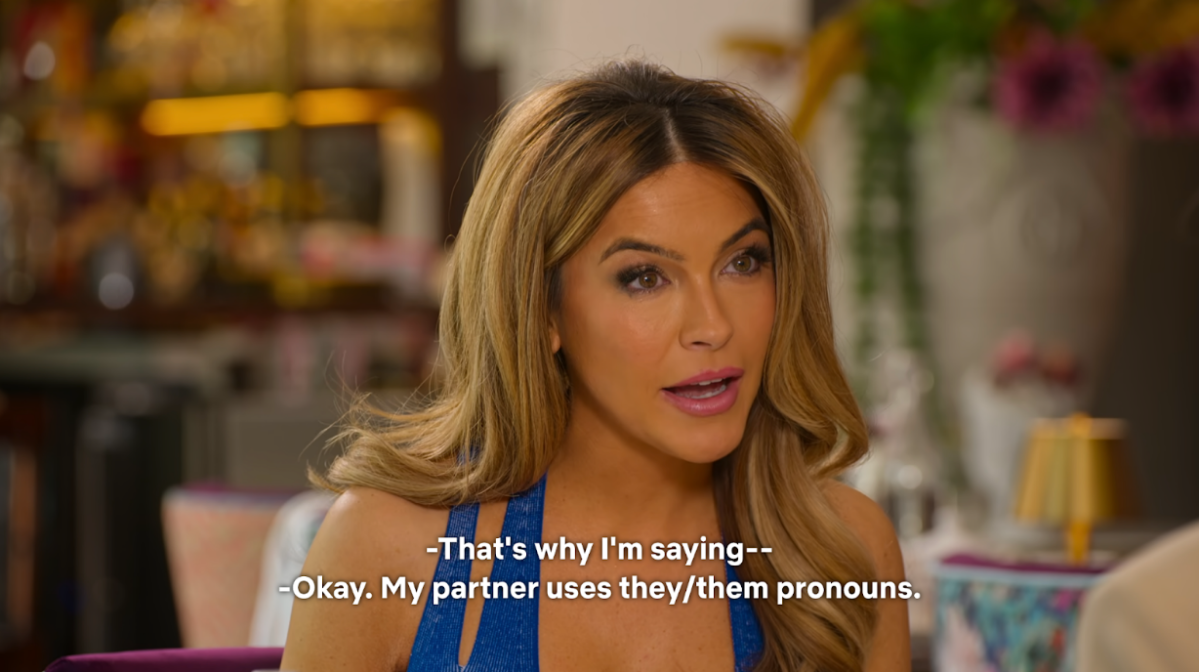Chrishell Stause, a real estate agent on Netflix’s Selling Sunset, leans forward and corrects an unseen listener on her misgendering Chrishell’s non-binary partner, G Flip