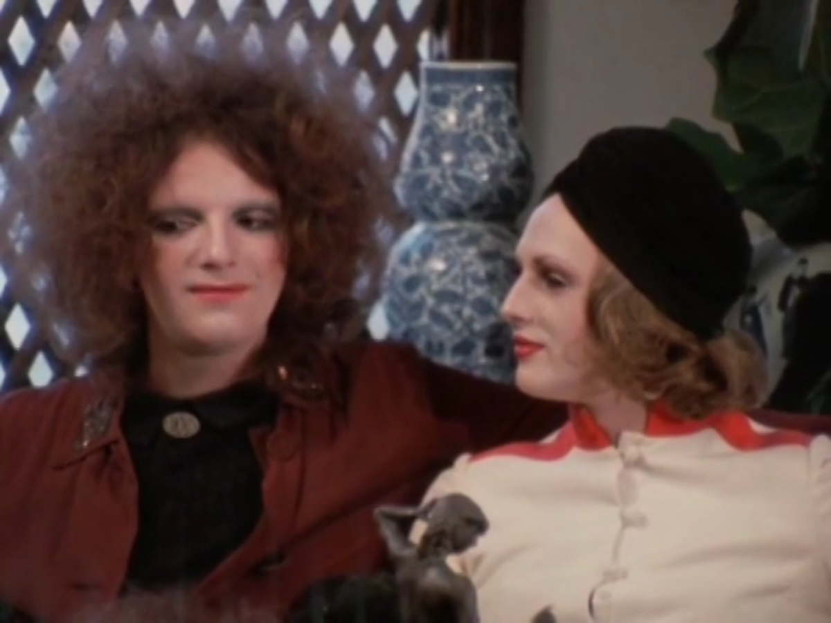 Trans actors in cis roles: Jackie Curtis and Candy Darling sit next to each other on a couch