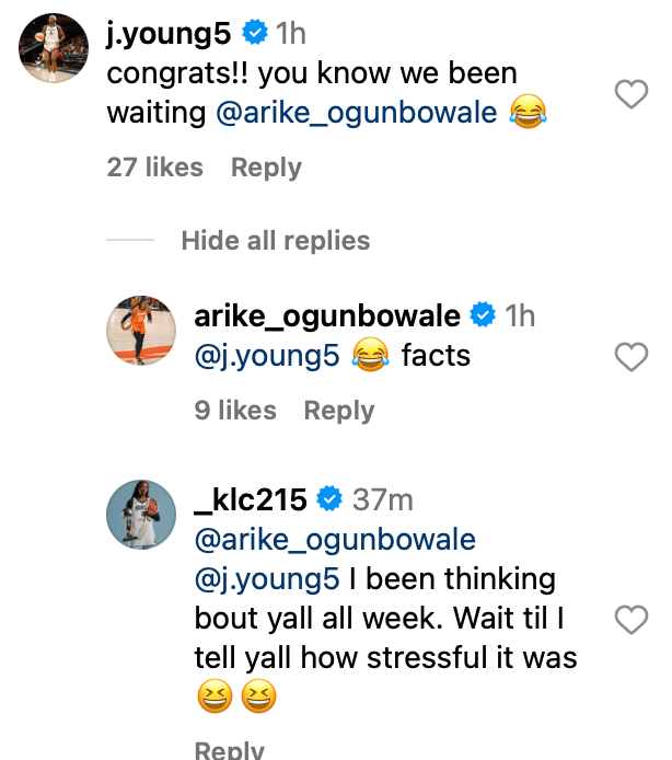 A comment exchange between Jackie Young (congrats!! you know we been waiting), Arikew Ogunbowale (facts) and Kahleah Copper (I been thinking bout y'all all week. Wait till I tell y'all how stressful it was!!)