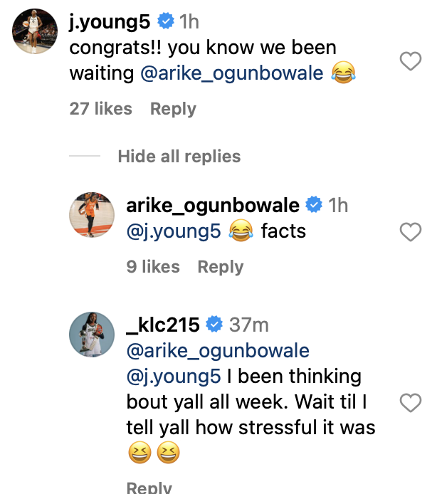 A comment exchange between Jackie Young (congrats!! you know we been waiting), Arikew Ogunbowale (facts) and Kahleah Copper (I been thinking bout y'all all week. Wait till I tell y'all how stressful it was!!)