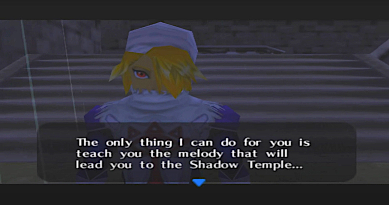 Sheik talks to Link in the dark. Text: The only thing I can do for you is teach you the melody that will lead you to the Shadow Temple...