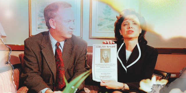 BOULDER, CO - MAY 01: John and Patsy Ramsey, the parents of JonBenet Ramsey, meet with a small selected group of the local Colorado media after four months of silence in Boulder, Colorado on May 1, 1997. Patsy holds up a reward sign for information leading to the arrest of their daughter's murderer. Their 6-year-old daughter was found dead on Christmas night 1996. (Photo By Helen H. Richardson/ The Denver Post). Photo has over exposure stains on it.