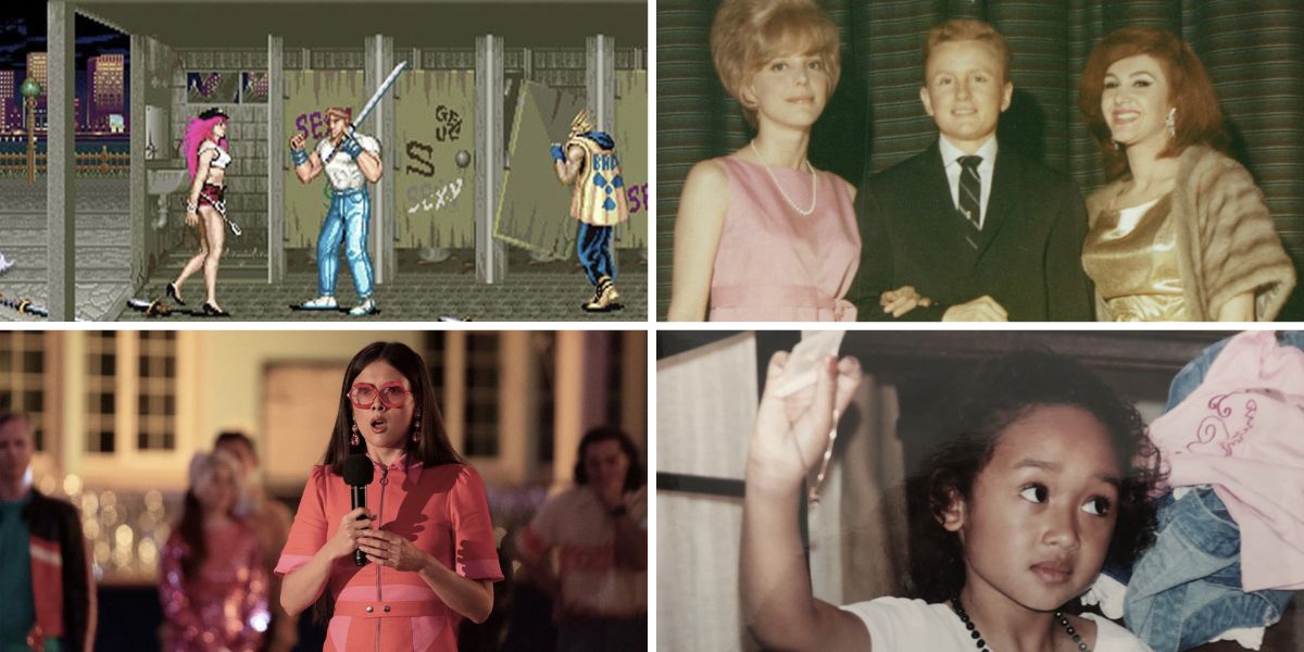 A desaturated collage: an image from Street Fighter, an image of Reed Erickson with two women, an image of Patti Harrison, and image of writer Daven McQueen as a child.