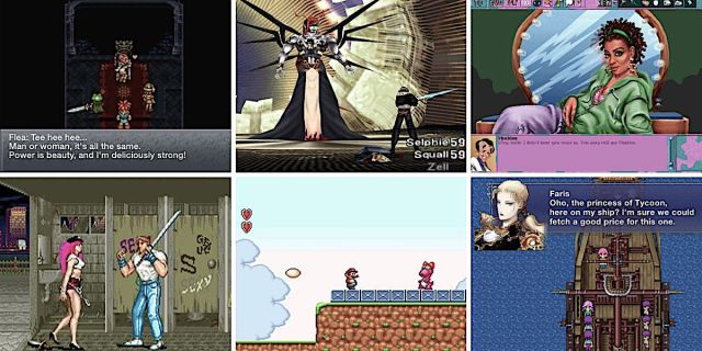 A desatured collage of six trans video game characters