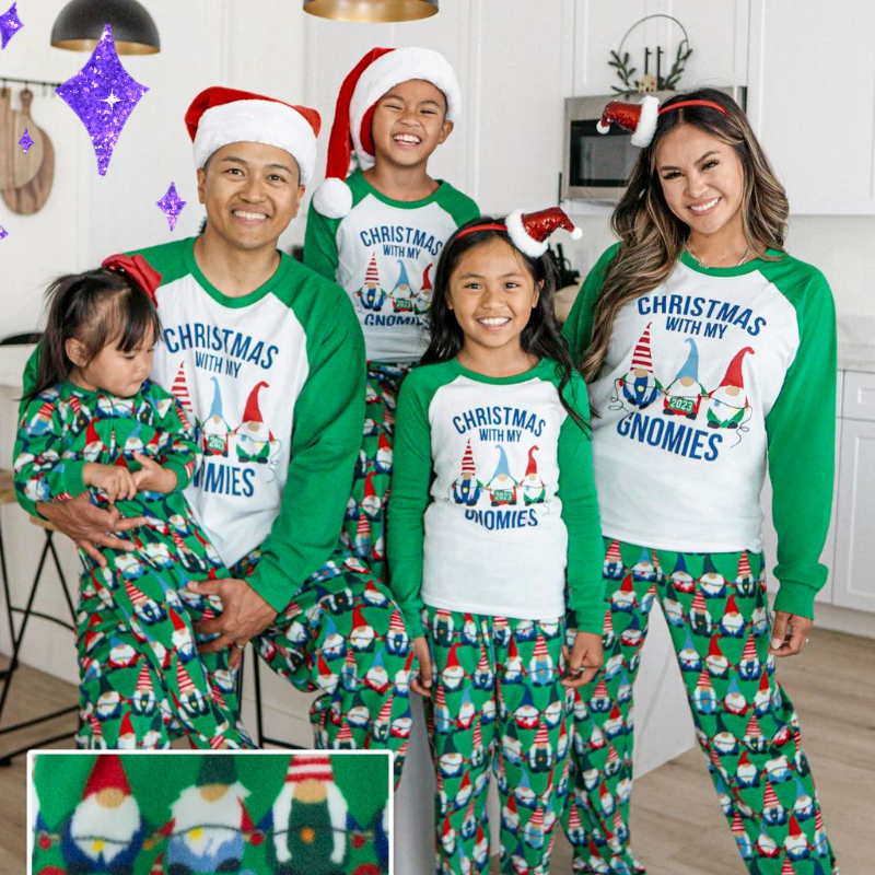 two parents and three kids in matching gnome pajamas