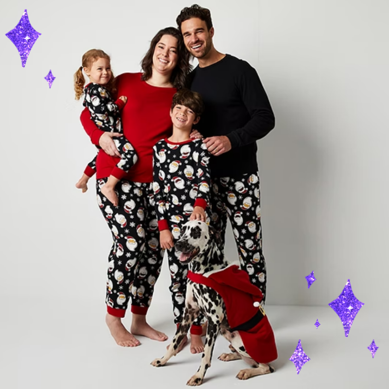 a family in matching santa pajamas