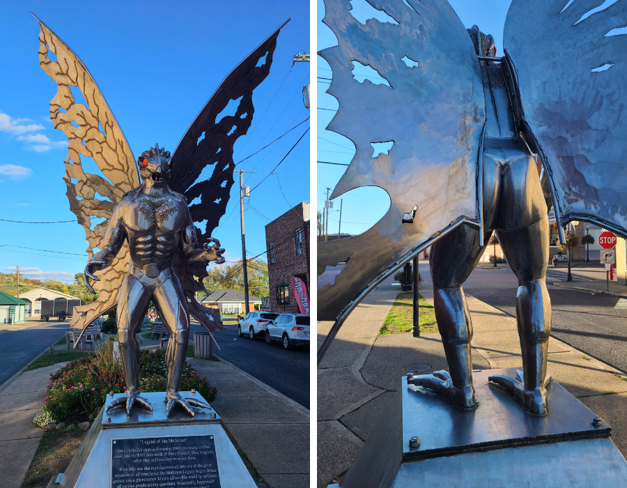 two views of the shiny, chrome mothman statue. one is a front view showing their red eyes and impressive wingspan, bird-like feet. The back view shows mothman's ample booty.