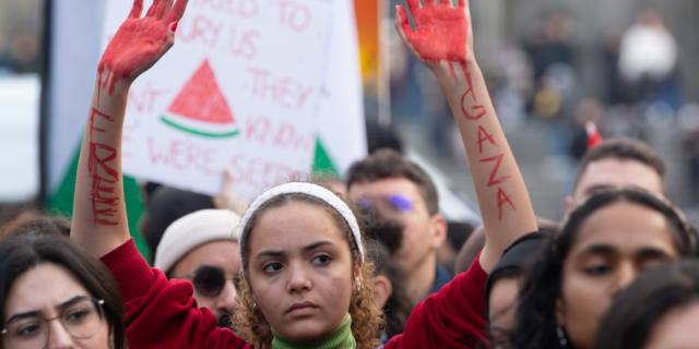 a young woman has red painted hands and the words FREE GAZA on her arms at a pro-Palestine protest in Germany