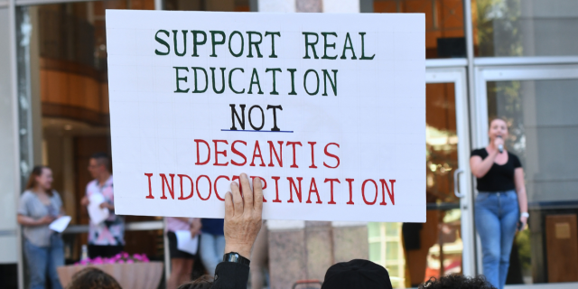 a sign that reads SUPPORT REAL EDUCATION NOT DESANTIS INDOCTRINATION