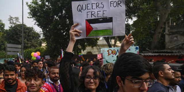New Delhi Queer Pride Parade where someone holds up a sign that says QUEERS FOR FREE PALESTINE