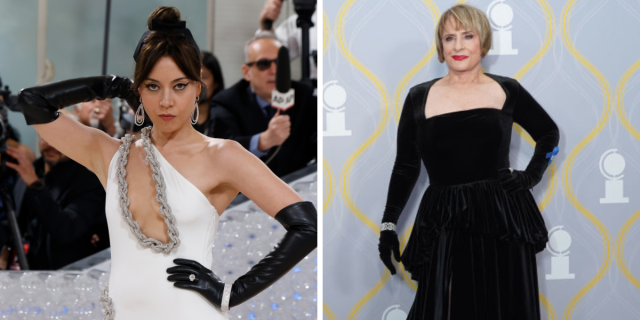 Aubrey Plaza striking a pose at arrivals at the Met Gala 2023, wearing a white one shoulder dress with a cut out on the chest and black elbow length gloves. Patti LuPone arriving at the 75th Tony Awards, wearing a long sleeved black gown.