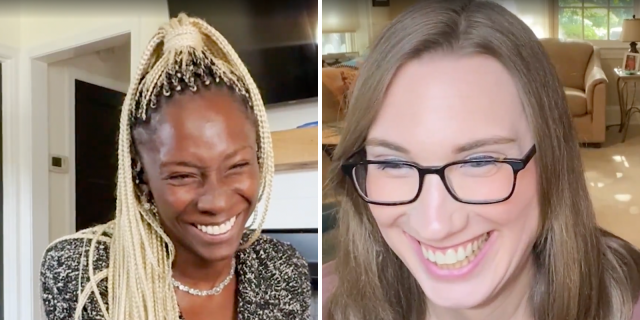 Angelica Ross and Sarah McBride are smiling at each other across a zoom camera for an interview