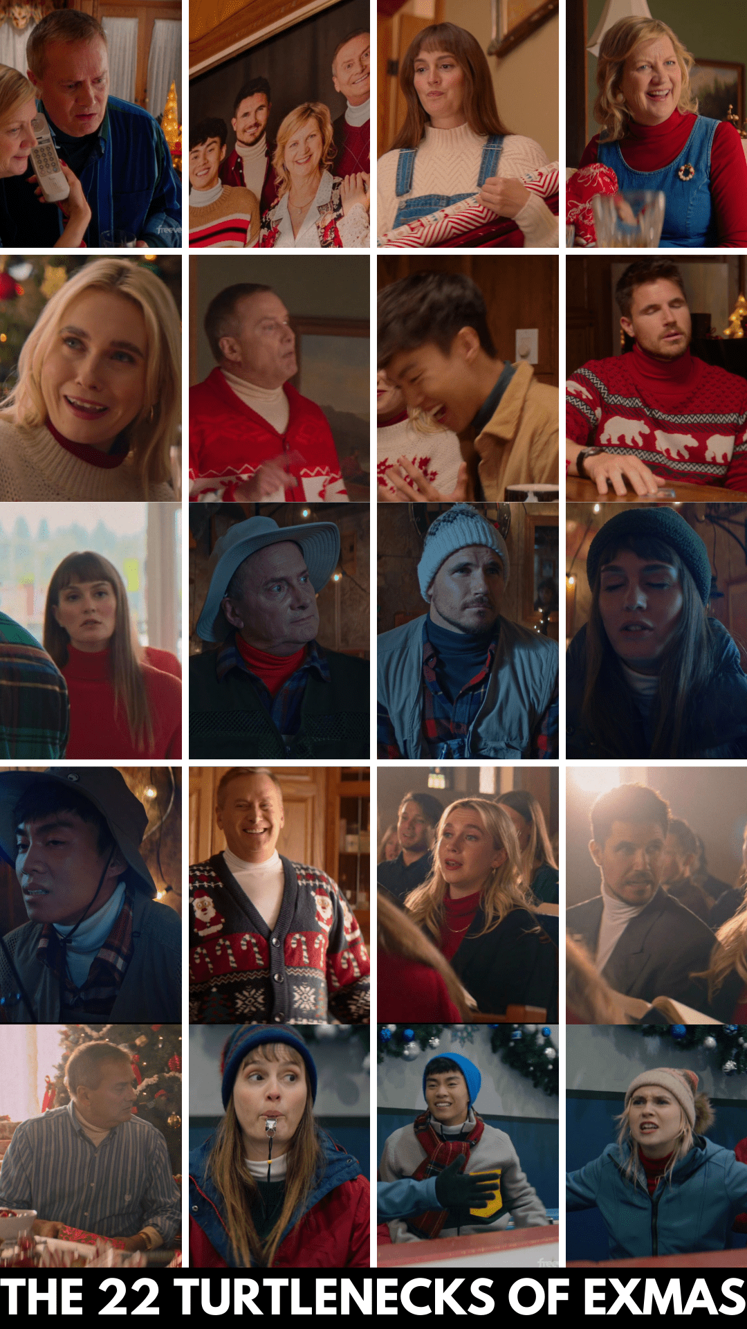 a collage of characters in Exmas wearing turtlenecks