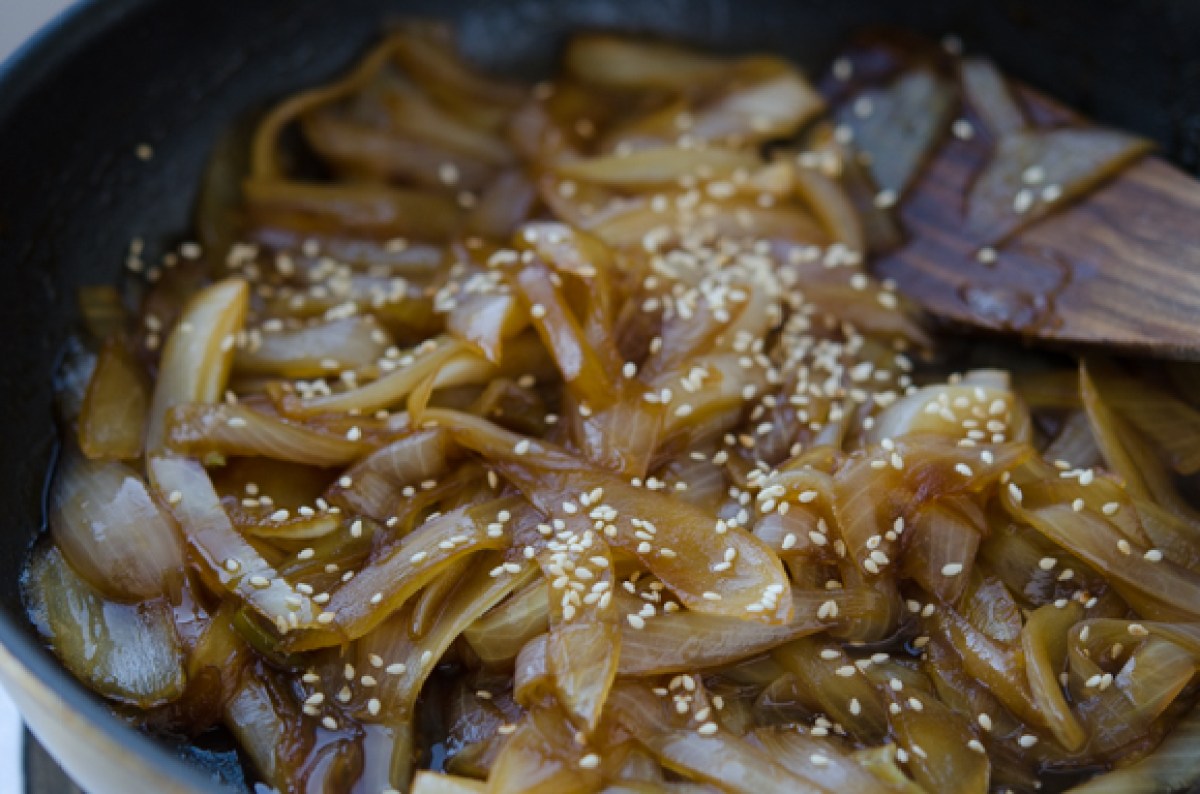 a pan of sauteed onions