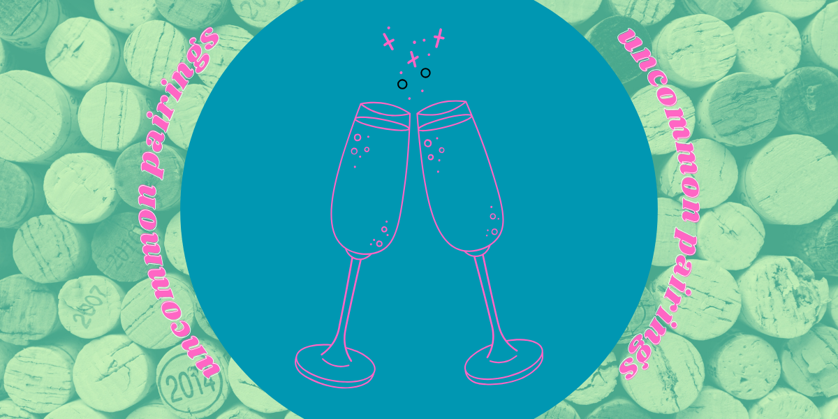 UNCOMMON PAIRINGS: two glasses clinking against a backdrop of corks