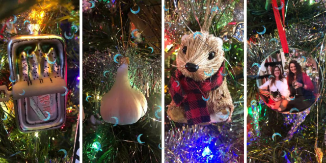 an anchovies ornament, a garlic ornament, a groundhog ornament, and an ornament with a photo of the author and her partner Kristen Arnett on it