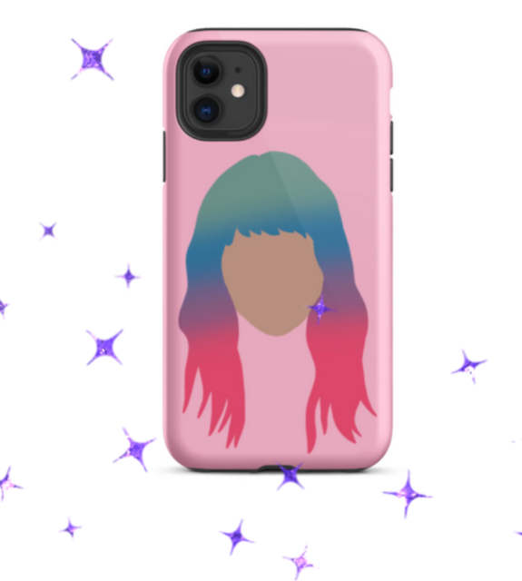 Pink phone case with a blank face of a person wearing a wig of bisexual flag colors