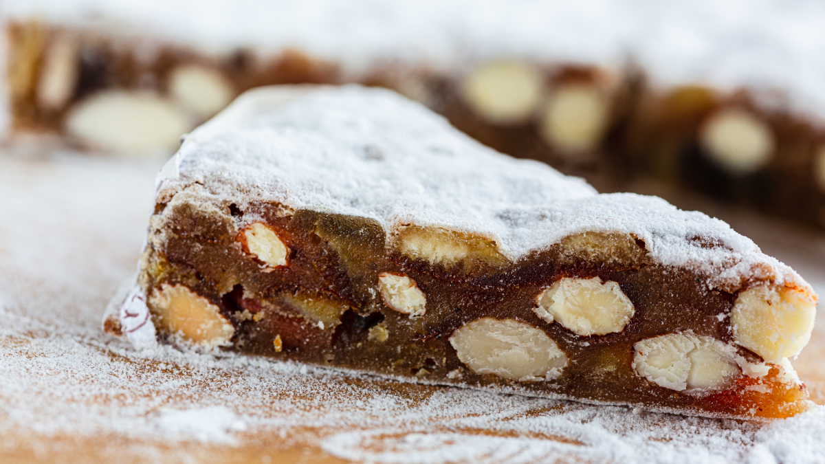 Italian Christmas Desserts: a close up of a slice of Panforte