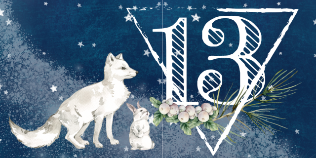 an illustrated white winter fox and white rabbit look up at a hand drawn number 13 with a triangle around it. below the 13 is some mistletoe and a pine bough. the background is an illustration of white stars on a dark blue sky