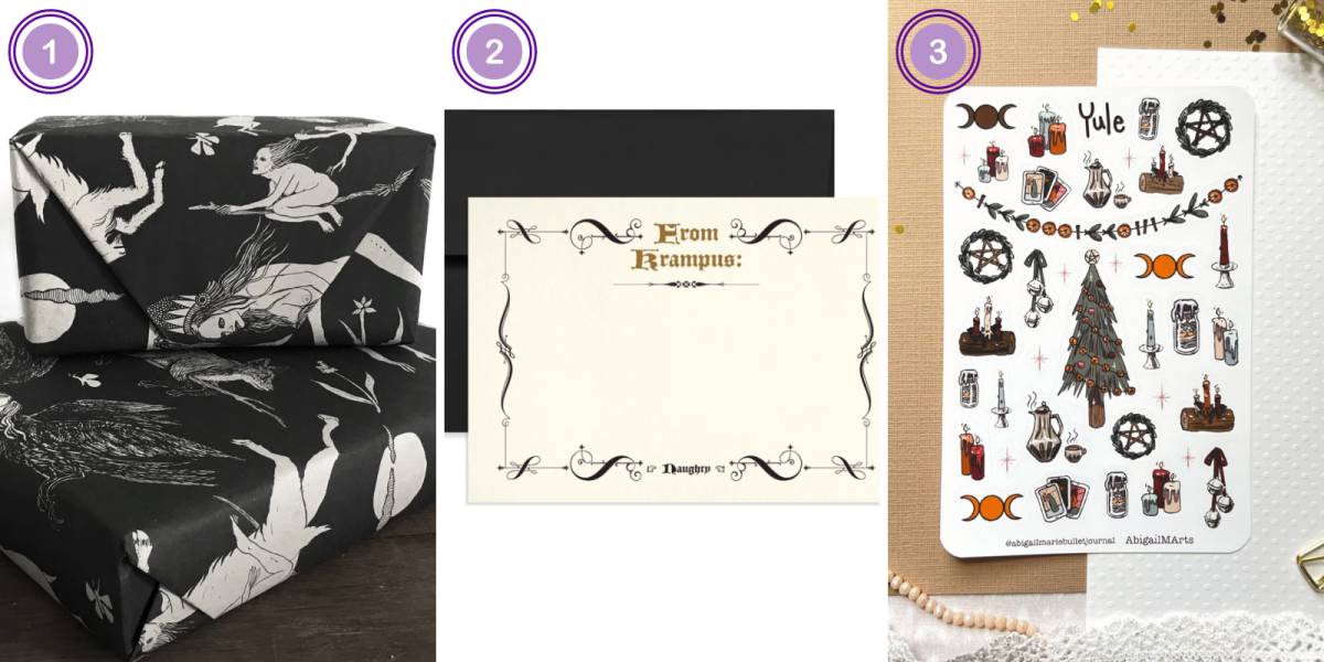 dark christmas aesthetic wrapping paper and gift details. 1. The Flight of the Witches Wrapping Paper ($5)2. Krampus Gift Tag Set ($14) 3. Yule Matte Bullet Journal Sticker Sheet ($3)