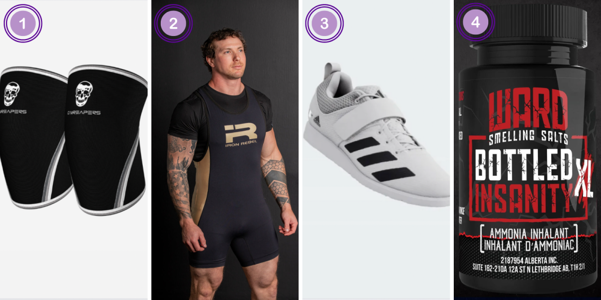 1. Gym Reapers Knee sleeves 2. Iron Rebel Allstar Unisex Singlet 3. Adidas Powerlift 5 4. Ward Smelling Salts 