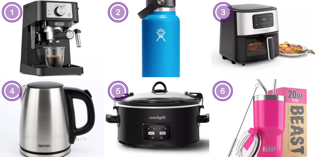 Stilosa Espresso Machine by Delonghi - EC260BK ($100)Hydro Flask Stainless Steel Wide Mouth Water Bottle with Flex Straw Lid and Double-Wall Vacuum Insulation - Pacific ($35) Cuisinart 6qt Basket AirFryer ($150) Aroma 1L Electric Water Kettle - Stainless Steel ($20) Crock-Pot 6qt Programmable Cook & Carry Slow Cooker Black ($50) Beast 20 oz Tumbler Stainless Steel Vacuum Insulated Coffee Ice Cup Double Wall Travel Flask - Cupcake Pink ($21)