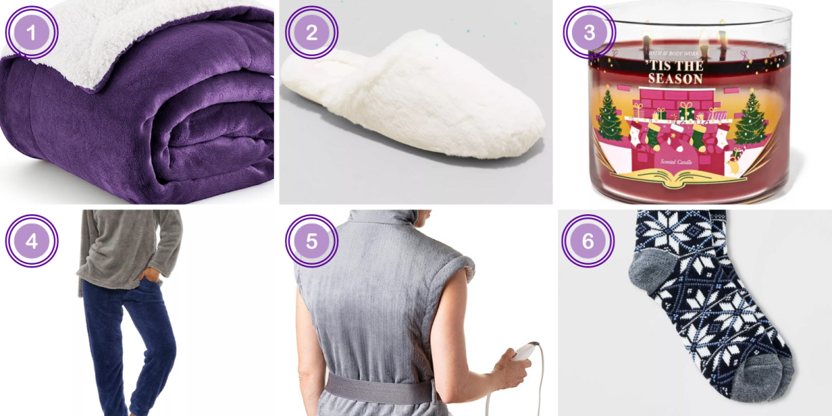 1. Bedsure Sherpa Fleece Throw Blanket for Couch - Purple ($30)2. Women's Emily Puff Scuff Slippers - Stars Above™ - Cream ($10) 3. Cinnamon Spiced Vanilla 3-Wick Candle ($27) 4. Women's Soft Plush Fleece Pajamas Lounge Set, Long Sleeve Top and Fuzzy Pants with Pockets - Navy Blue ($40) 5. Pure Enrichment® PureRelief® XL Extra-Long Back & Neck Heating Pad for Sore Muscles, Pain, & Cramps in Neck, Back, & Shoulders ($40) 6. Women's Tree Double Lined Cozy Crew Socks - A New Day™ Navy Blue ($5)