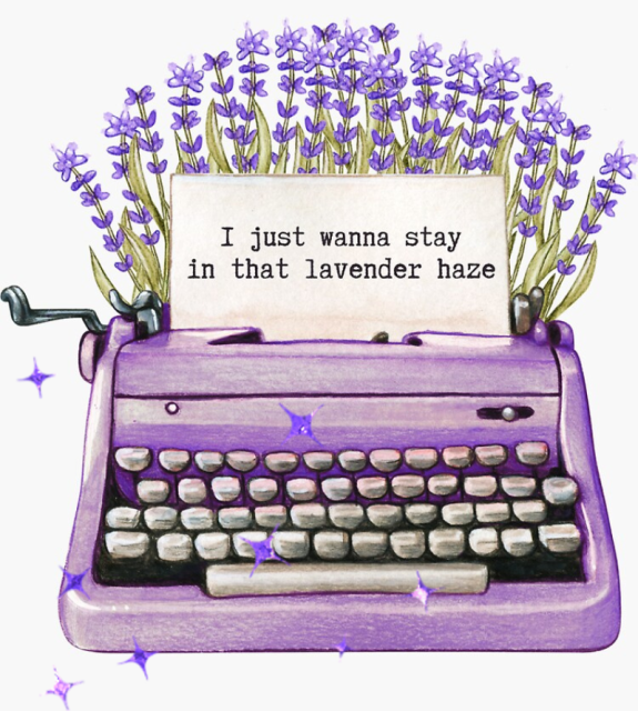 Gaylor gift guide: an illustration of a lavender typewriter with lavender behind it and a piece of paper that reads "I just wanna stay in that lavender haze"