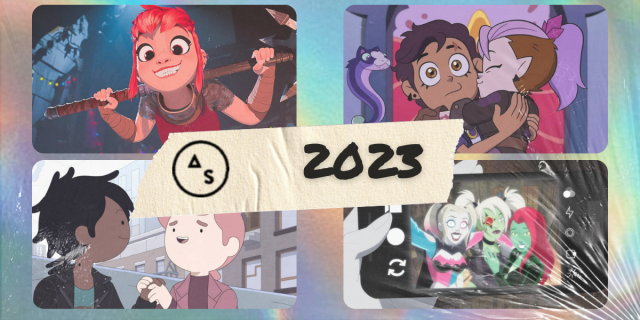 The Best Queer Animation of 2023 images, left to right and top to bottom: Nimona, The Owl House, Fionna & Cake , and Harley Quinn. They are stylized beneath a clear plastic texture.