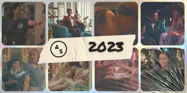 Best TV Scenes of 2023 collage with images from Gen Q, Yellowjackets, Sex Education, Doom, and more. There is a plastic film over the image with a duct tape AS logo and 2023 written with sharpie.