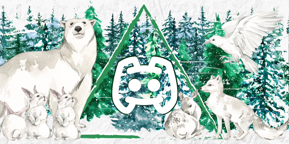 A gorgeous little fairytale book esque painted forest scene with several painted animals in white winter coats. Animals include a bear, three bunnies, a fox, a baby deer and some kind of bird. In the center of a roughly painted triangle is the symbol for Discord.