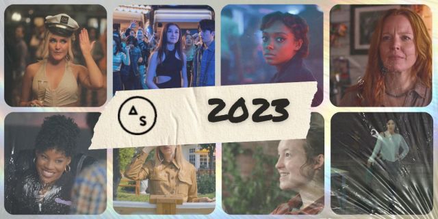 Favorite queer characters collage: images from The Last of Us, Everything Now, Minx, The Other Black Girl, Kitty XO, and The Afterparty with a piece of duct tape that says 2023 across the center.