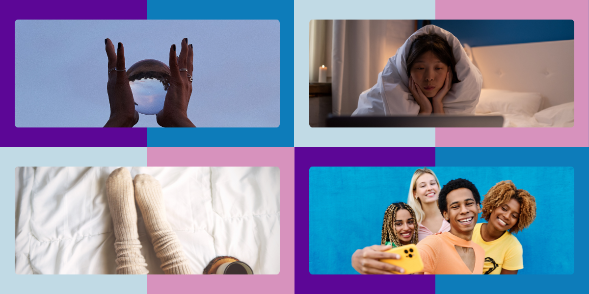 1. hands holding a crystal ball. 2. a woman looking at her laptop. 3. a pair of socks on a bed. 4. a group of queer friends taking a selfie