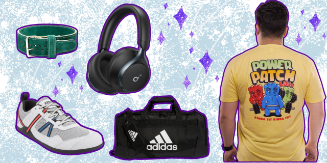 A collage on a blue background with purple sparkles that includes: a green lifting belt, a pair of Adidas sneakers, wireless headphones, an Adidas gym bag, and a yellow t-shirt with sour patch kids lifting weights depicted on it.