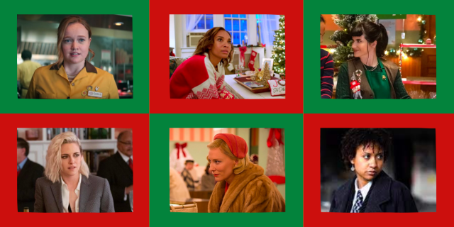 collage: Dorrie from Let it Snow, Jennifer from A New York Christmas Wedding, Alma from Under the Christmas Tree. Row 2: Abby from Happiest Season, Carol from Carol, and Joanne from Rent